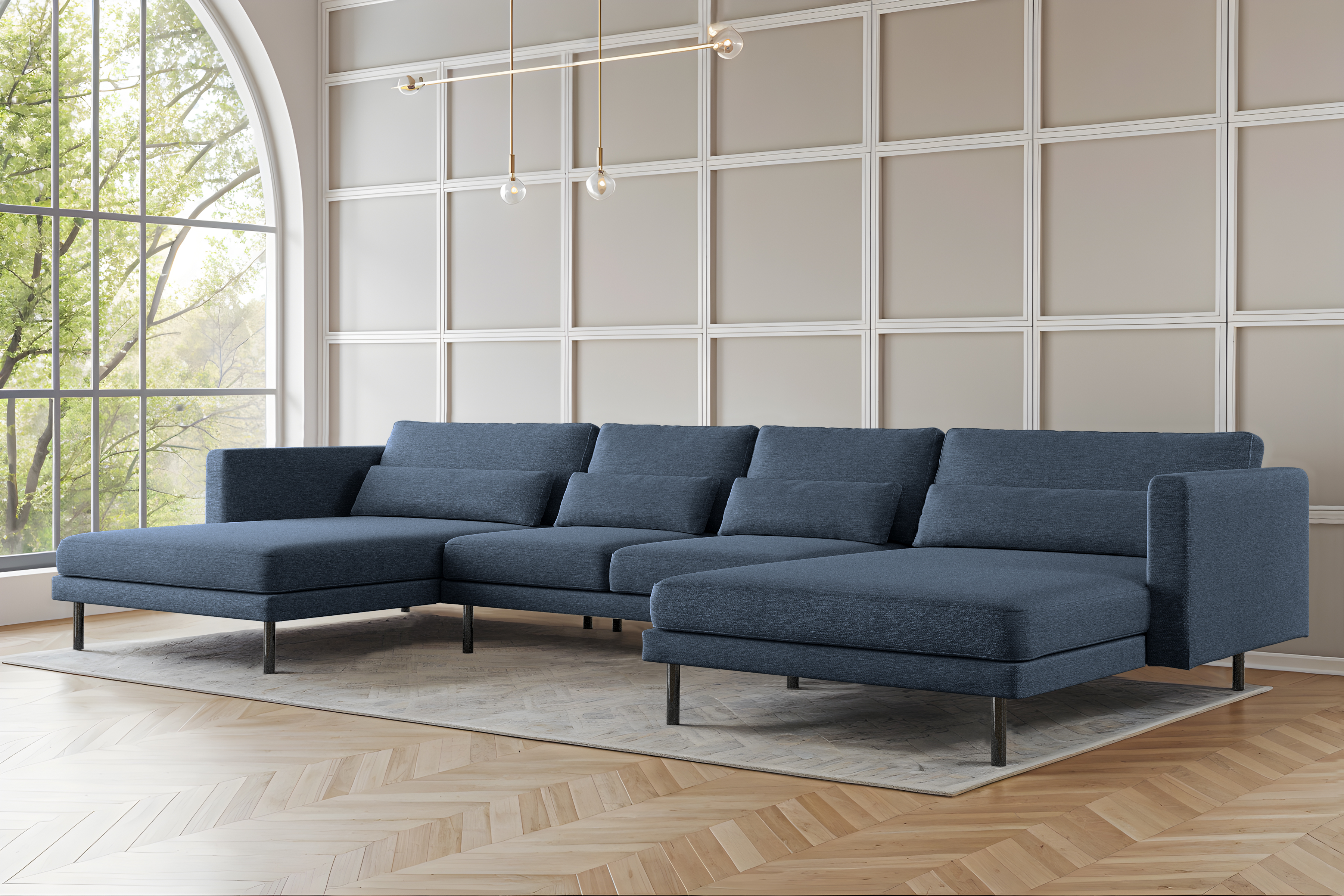 Elegantes Ecksofa DANI U mit Verita-Stoff in modernem Wohnzimmer – großes U-förmiges Sofa mit Kissen und Metallfüßen, Verita 73
